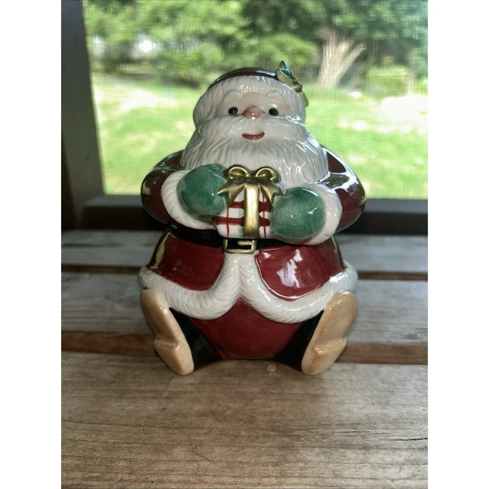 Vintage Fitz And Floyd Essentials Plaid Christmas Candy Jar, Santa Candy Jar 6